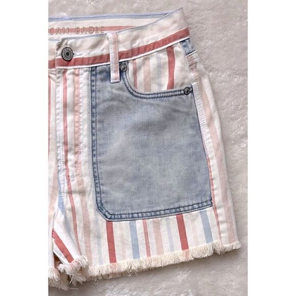 American Eagle Hi-Rise Mom Short in Red White & Blue Stripes Patchwork Denim - Picture 6 of 12